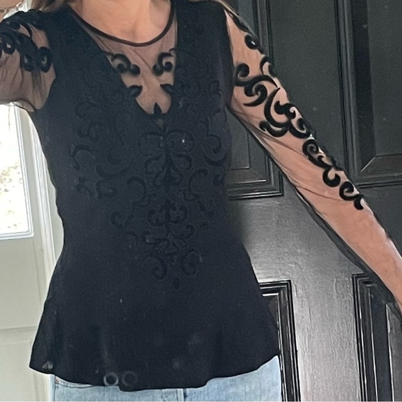 Elegant Black Shirt with Sheer Velvet Design on Sleeves and Front - Picture 5 of 5